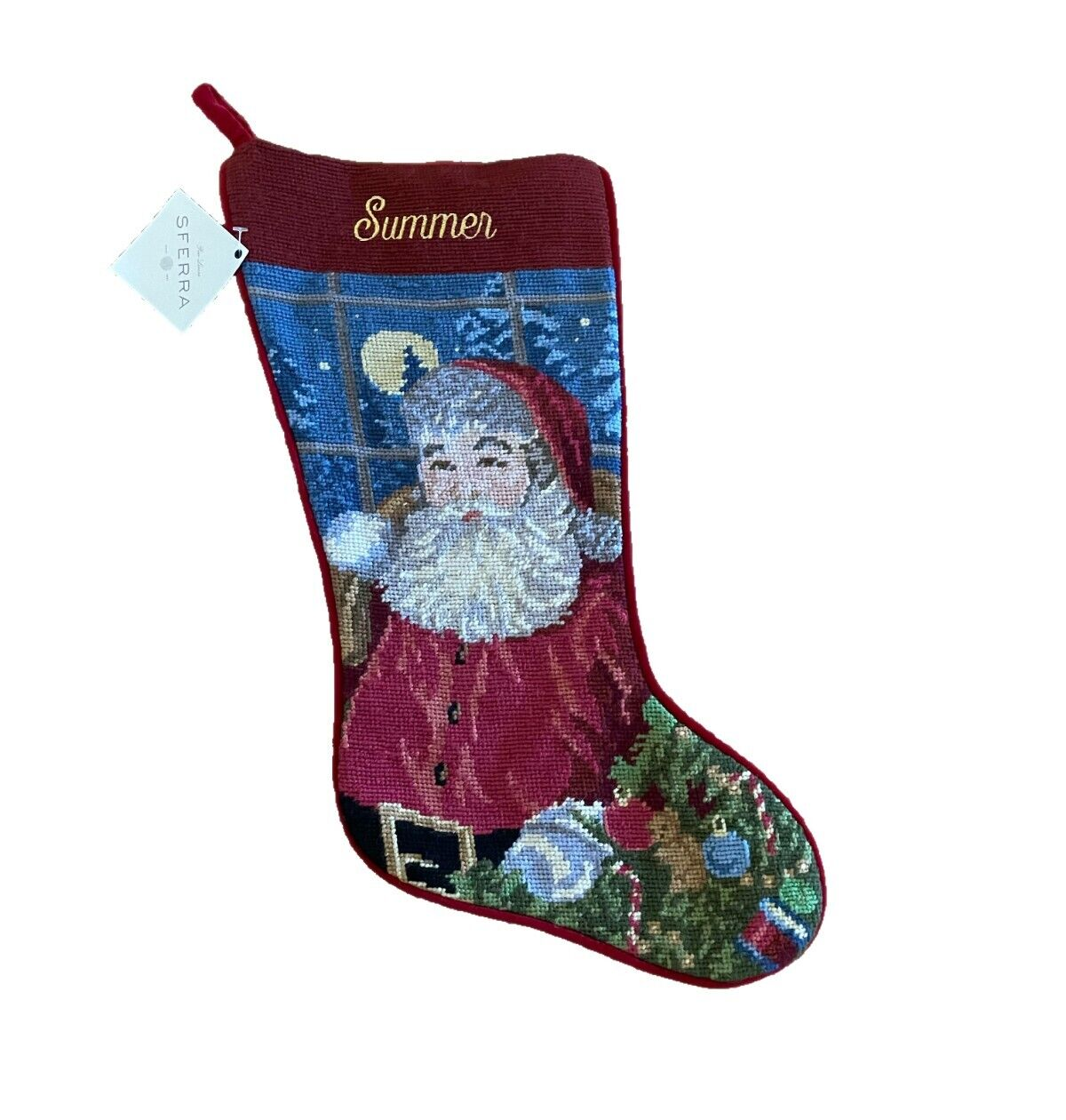 Sferra Needlepoint Pink Santa Christmas Stocking Figurine Handmade