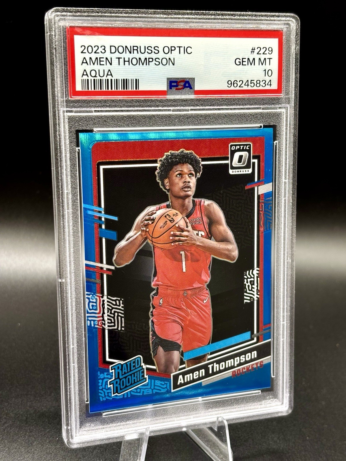 2023-24 Donruss Optic - Amen Thompson #229 Aqua Prizm /249 (RC) PSA 10