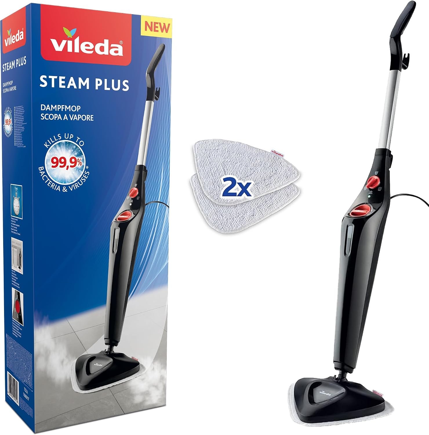 Vileda Steam Mop Plus - Fast Heating Floor Steamer for Hygienic Cleaning | Lightweight Steam Mop For Hard Floors, 2 x Microfibre Pads, Carpet Steam Cleaner Attachment, Three Heat Settings, Corner Hero - Image 3