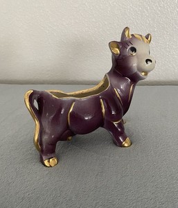 Vintage Purple With Gold Cow Bull Ceramic Figurine Planter /Trinket Holder