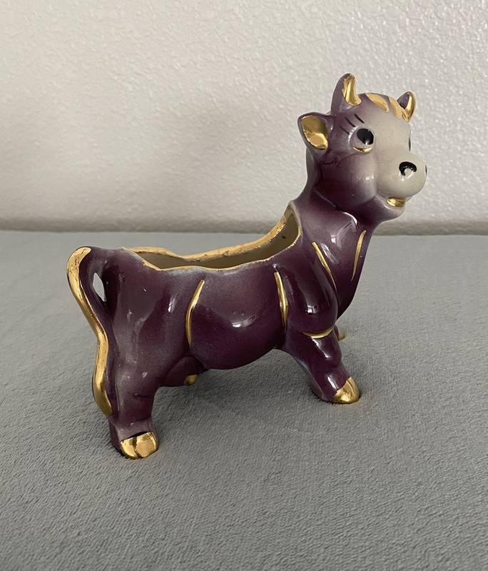 Vintage Purple With Gold Cow Bull Ceramic Figurine Planter /Trinket Holder