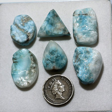 Waves, Turned Into Stone 6 PC Natural Larimar 21mm-28mm Drusy Cabochon Gems Lot