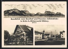 AK Krün b. Mittenwald, Rundblick vom Gasthof und Pension Schönblick 