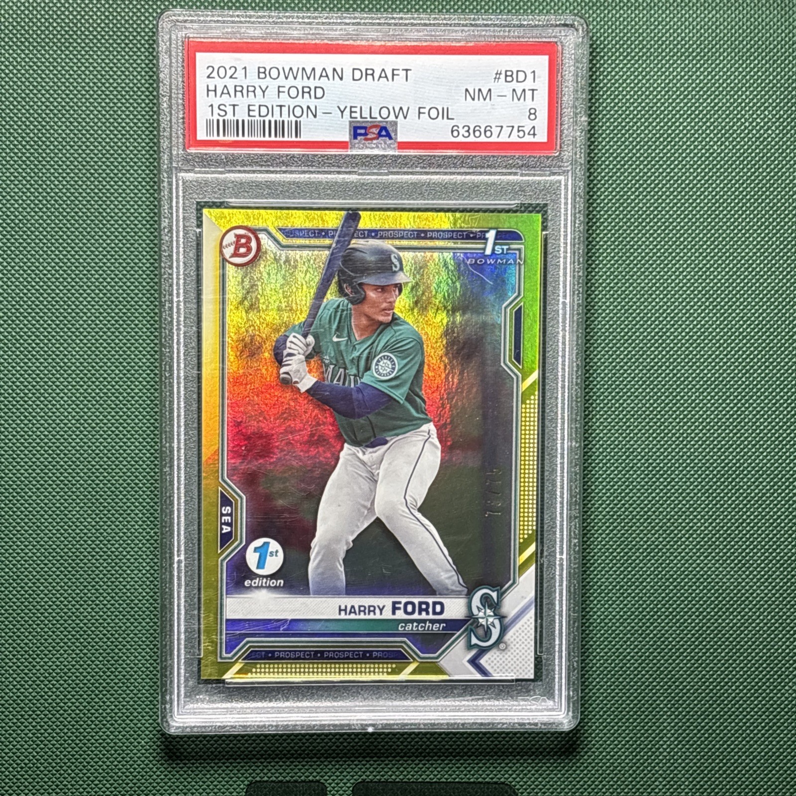 Harry Ford 2021 Bowman 1st Edition Yellow Foil 1st Bowman #73/75 #BD-1 RC PSA 8