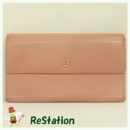 Vintage CHANEL Coco Button Tri-Fold Long Wallet Pink Gold Hardware YG389547
