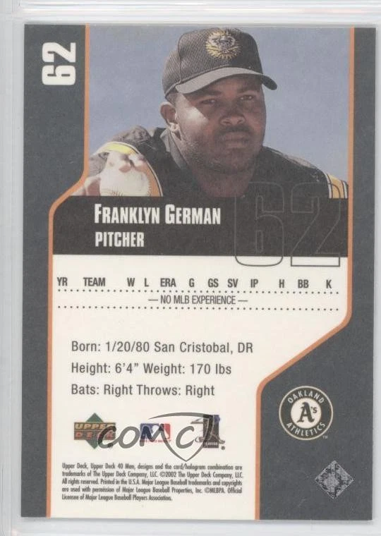 2002 Upper Deck 40 Man Franklyn German #62 Rookie RC - Image 2 of 2