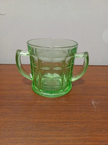 Hazel Atlas Colonial Block Green Depression Uranium Glass Open Sugar Bowl