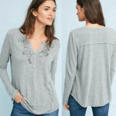 Anthropologie Akemi + Kin Linen Blend Beaded Grey Henley Long Sleeve Top S