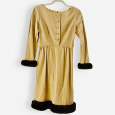 Vintage Junior Accent Jack Adams Tan Babydoll Dress Women’s Sz 10 Black Fur READ