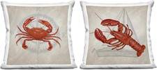 Coastal Lobster & Crab Compass Throw Pillows - 18x18, Beige, Set of 2