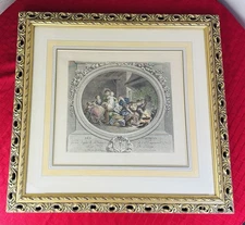 Antique French Engraving Les Enfants Hand Colored Oval Gilt Frame 18thC - 23.5”