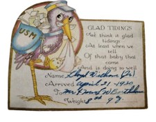 Vtg '30 Nursery Baby Birth Announcement Card Stork Infant Shalimar Card Ephemera