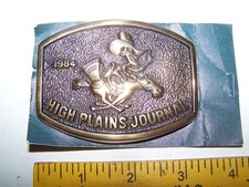 Vintage 1984 High Plains Journal Belt Buckle Cowboy Horse Newspaper w paper
