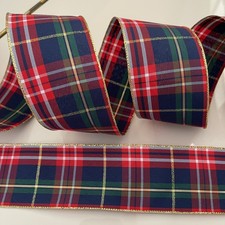 5 Yards 2.5 Tartan Plaid Wired Ribbon: Red, Blue, Green, Gold