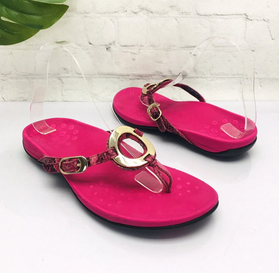 Vionic Sandal Womens 38/US 7 Pink Snakeprint Gold Metal Thong Flip Flops Slip On - Image 4 of 4