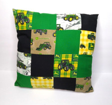 Vtg John Deere Tractors Logo Squares Soft Pillow 14x14" Yellow Green