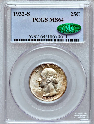 1932-S PCGS MS64 CAC ◉ NON-DOCTORED Lowest Mintage Washington Quarter 25C