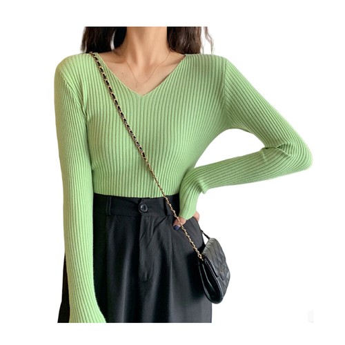 Basic Ribbed V Neck Sweater Long Sleeve Jumper Knitted Tops Pullover Slim Fit - Picture 12 of 30
