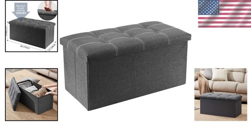 Folding Ottoman Grey Linen Fabric Storage Bench 15x30 Inches Footrest - Picture 2 of 11