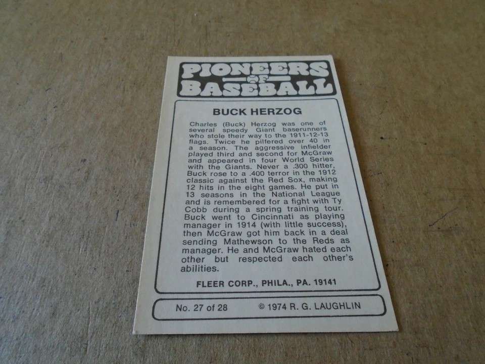 1974 Fleer Cloth Patches Laughlin Pioneers of Baseball BUCK HERZOG #27 - Image 2 of 2