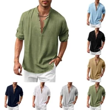 Mens Long Sleeve Button-Down Shirt Blouse Loose Henley V-Neck Tops T Shirts