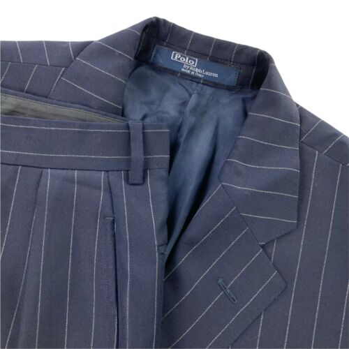 VTG Polo Ralph Lauren Men’s Wool Suit Blue Railroad Stripe Italy • 40 R | 34x26