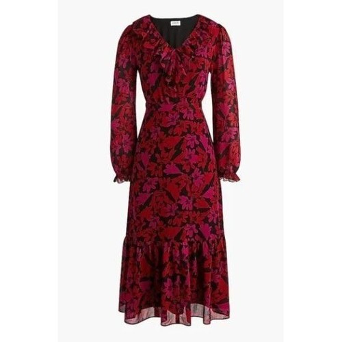 J.Crew Red Pink Floral Ruffle Neck Long Sleeve Midi Dress Size 10 Whimsical - 第 1/11 張圖片
