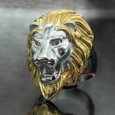 Men's Large 316L Stainless Steel Roaring Lion Head Rocker Ring Retro Gold Mane
