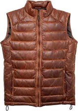 Men's Quilted Down Puffer Leather Vest Jacket Tan Distressed Real Lambskin Vest