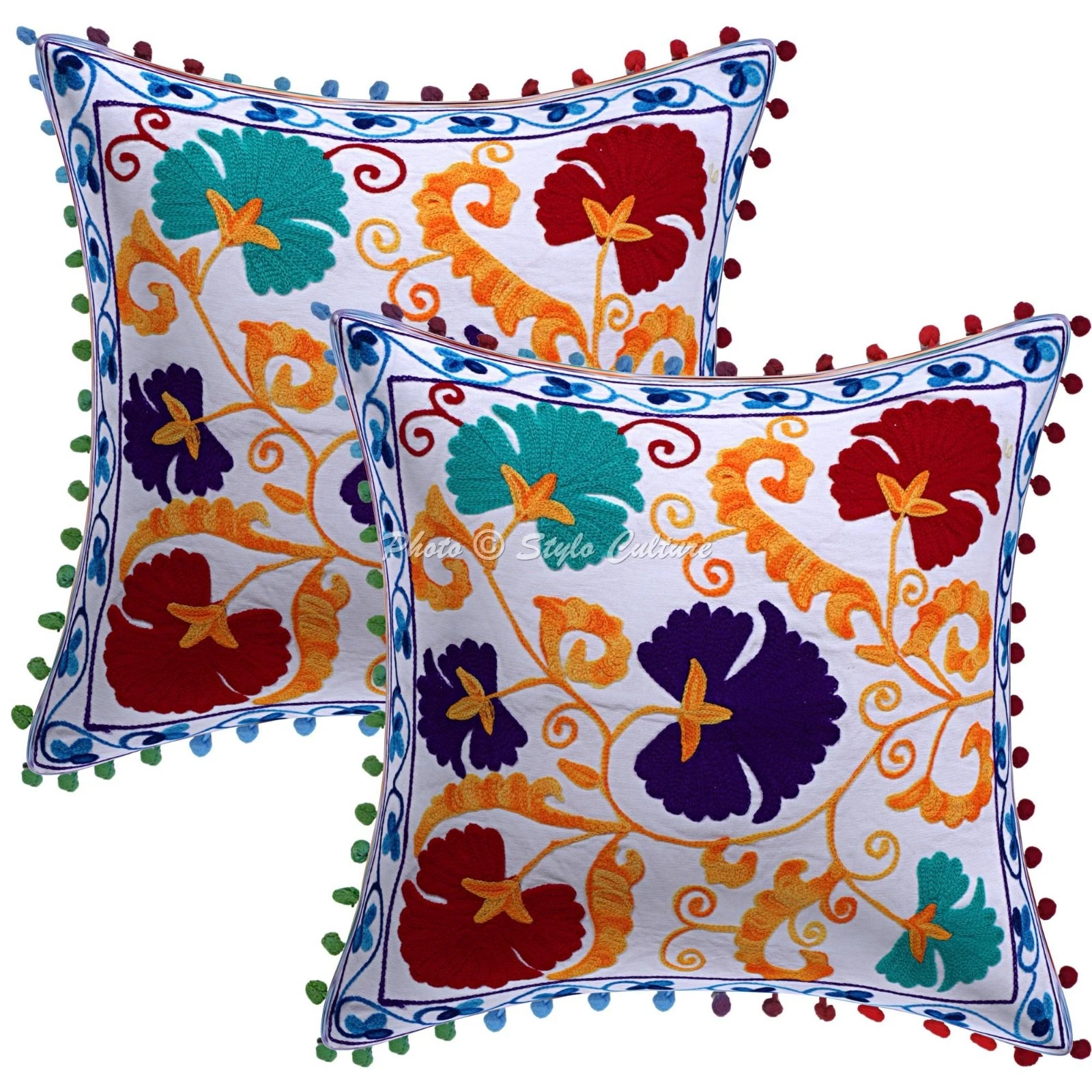 Boho Cotton Throw Pillow Covers Suzani Embroidered Pom Pom White Floral 40x40 cm