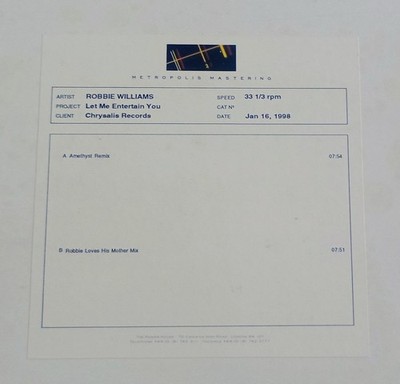 Robbie Williams : Rare 12'' Acetate From The Private Collection Of DJ Dave Seaman