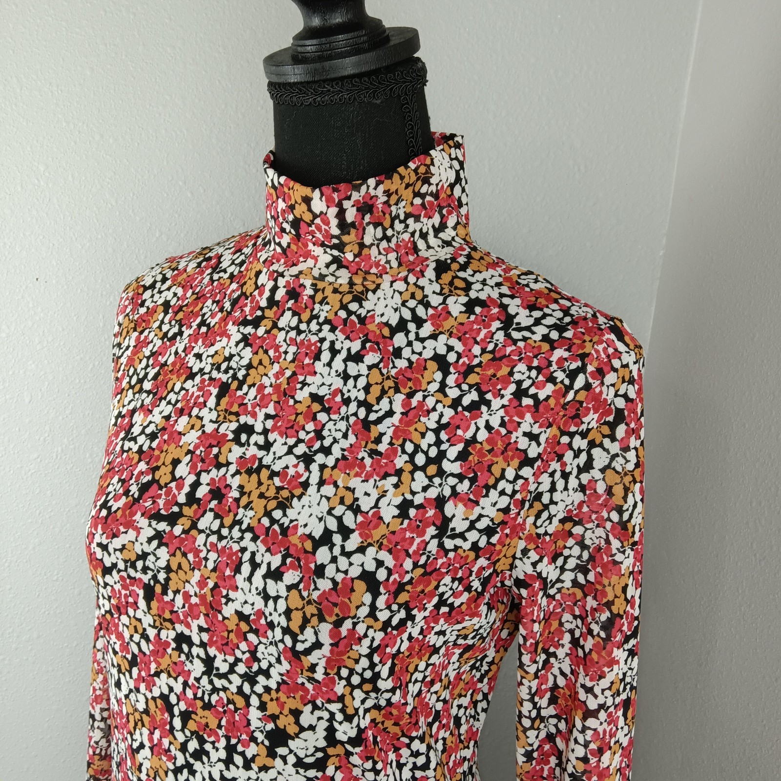 Tahari Shirt Womens Small Floral Print High Neck Long Sleeve Blouse Top Sheer