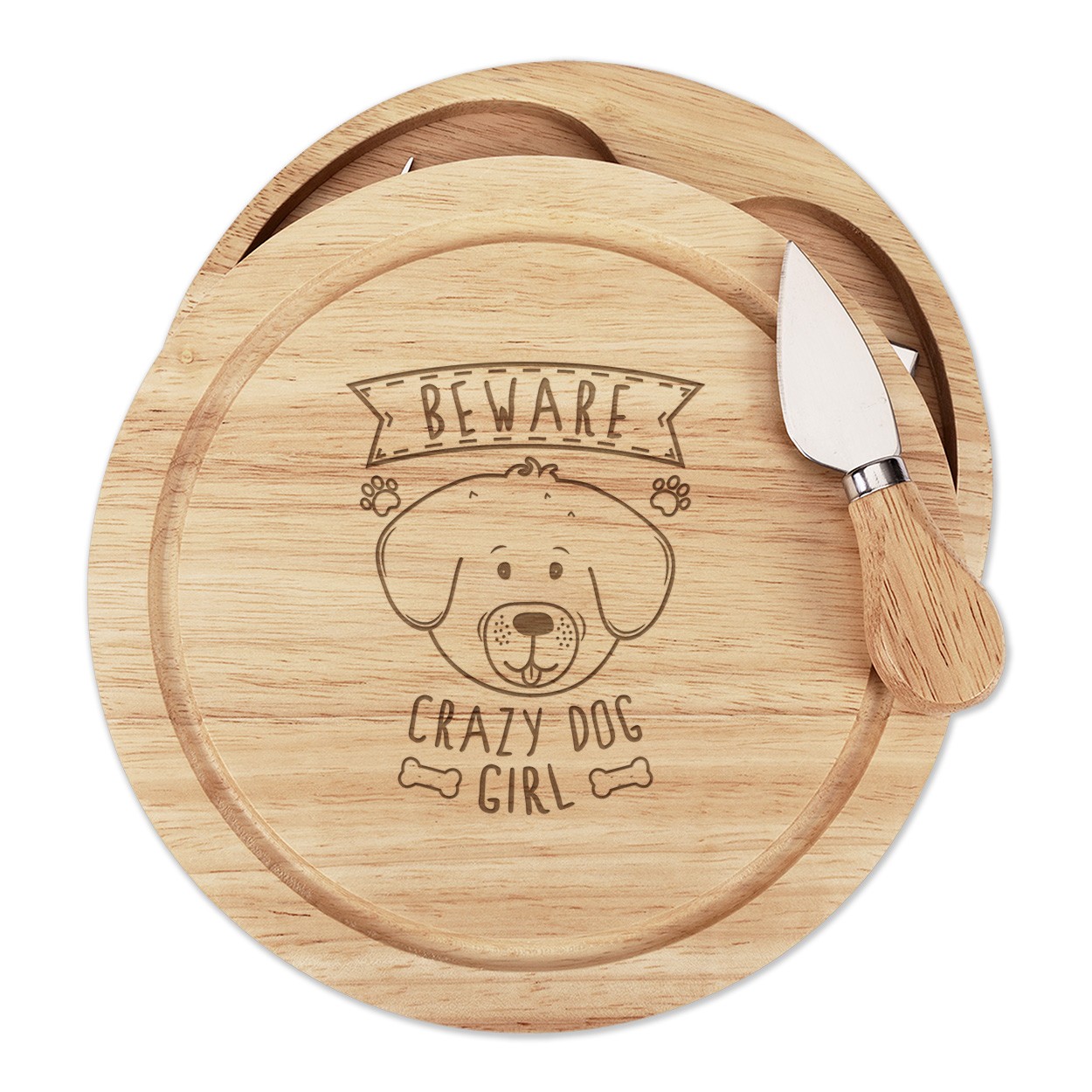 Beware Crazy Dog Girl Cheese Board Knife Set Funny Puppy Animal Pet