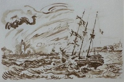 Paul Signac: Three masts in a storm, ENGRAVING, 1950, Brittany + certificate