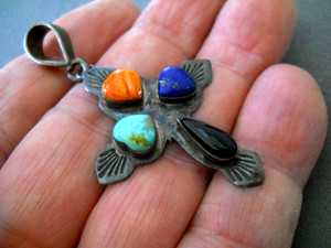 Old Southwestern Stamps MultiStone Sterling Silver 3 Heart Cross Pendant 2.4"
