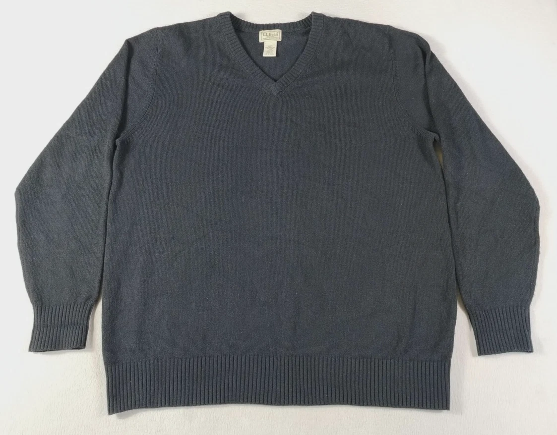 L.L. Bean Sweater Mens Large Black V Neck Lambswool Nylon Knit Pullover Winter