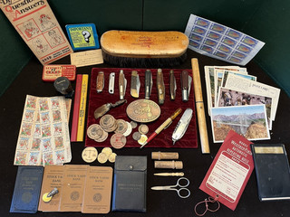 60 Vintage MENs GRANDPA JUNK DRAWER LOT Knives Rabbit Foot coins Postcard USA