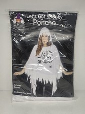 Happy Halloween White Poncho w/Black Bats Graphic Hooded Adult Halloween Costume