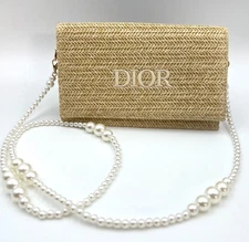 Christian Dior Straw Raffia Woven Cosmetic  Zipper Bag  Pouch with Chain ~ Beige