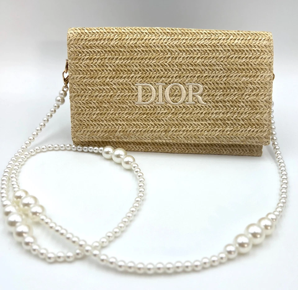 Christian Dior Stroh Raffia gewebt Kosmetik Reißverschluss Tasche Beutel mit Kette ~ beige