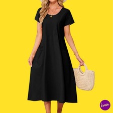 PASUDA Women's Cotton Maxi Dress with Pockets, Short Sleeve, Black, UK S | EU 36