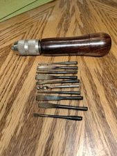 Vintage Wooden Handle Bit Driver Multi Hand Tool With Bit Storage Chisel Rollis