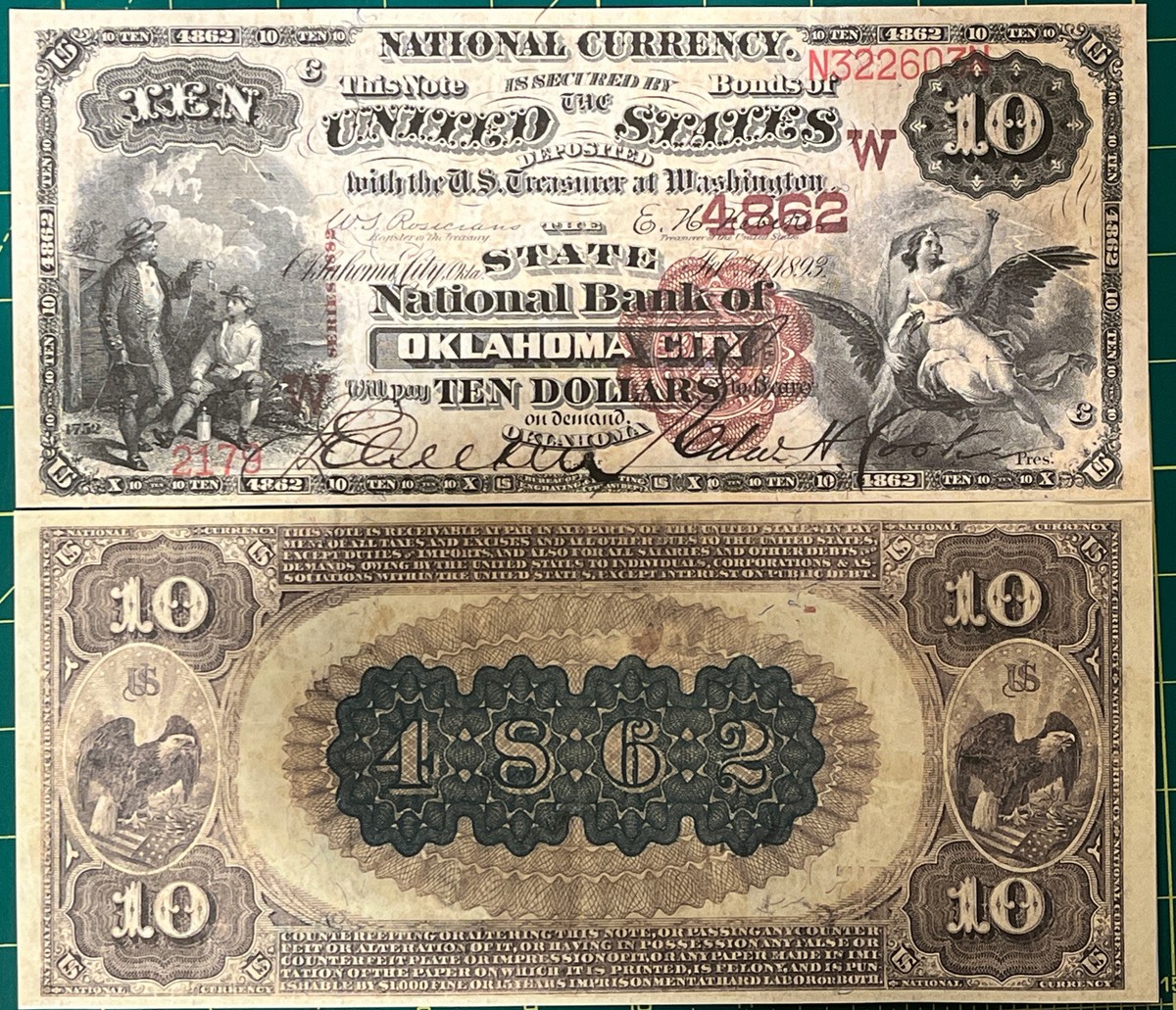 Reproduction Copy 1882 $10 Bill National Bank Note Oklahoma City