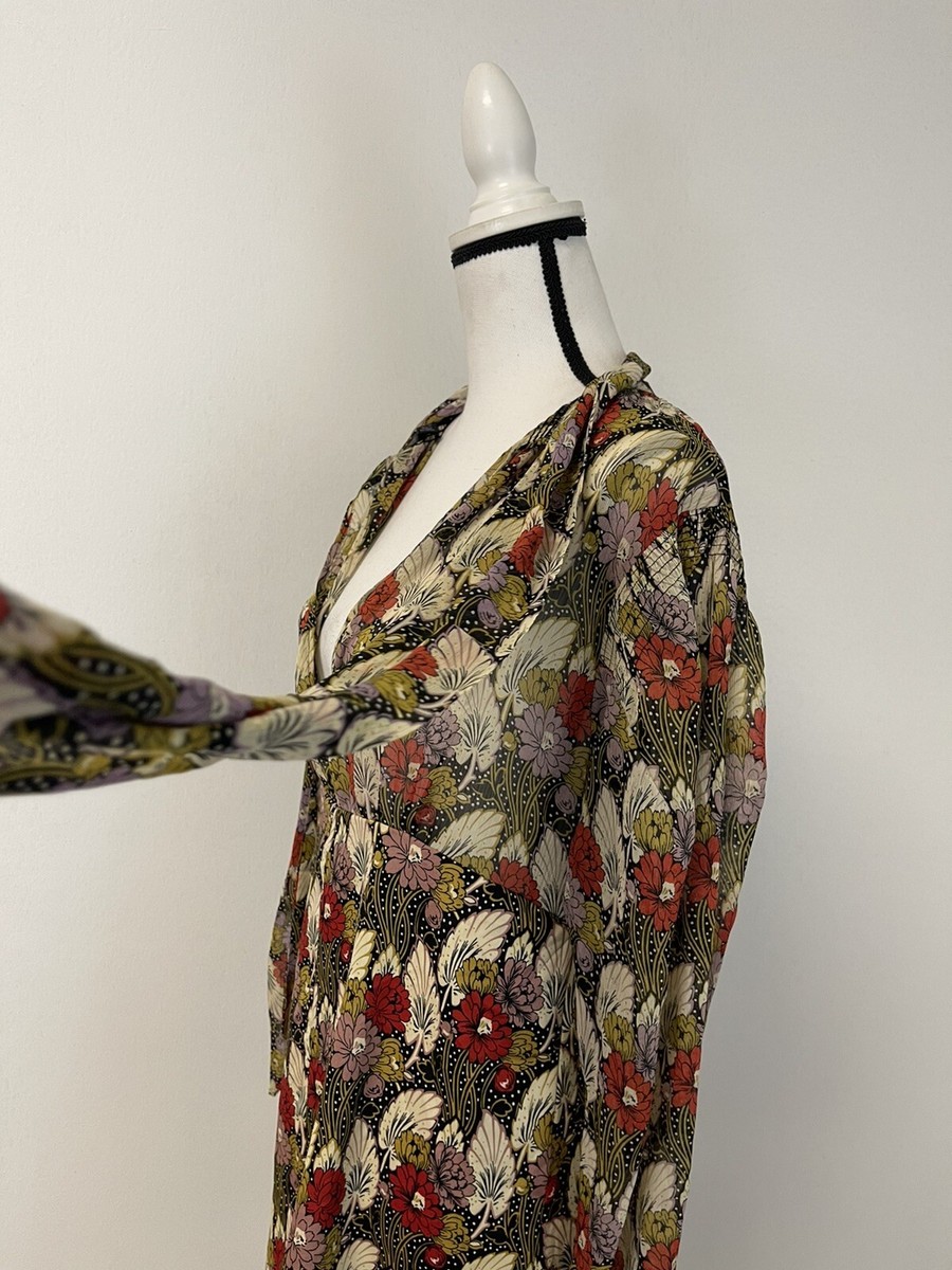 Topshop Shift Dress Womens 10 Floral Mini Green Wrap Long Sleeve N35 | eBay