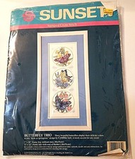 Sunset Stamped Cross Stitch Kit  13035 Butterfly Trio by Cynthia Lee 1990 NEW