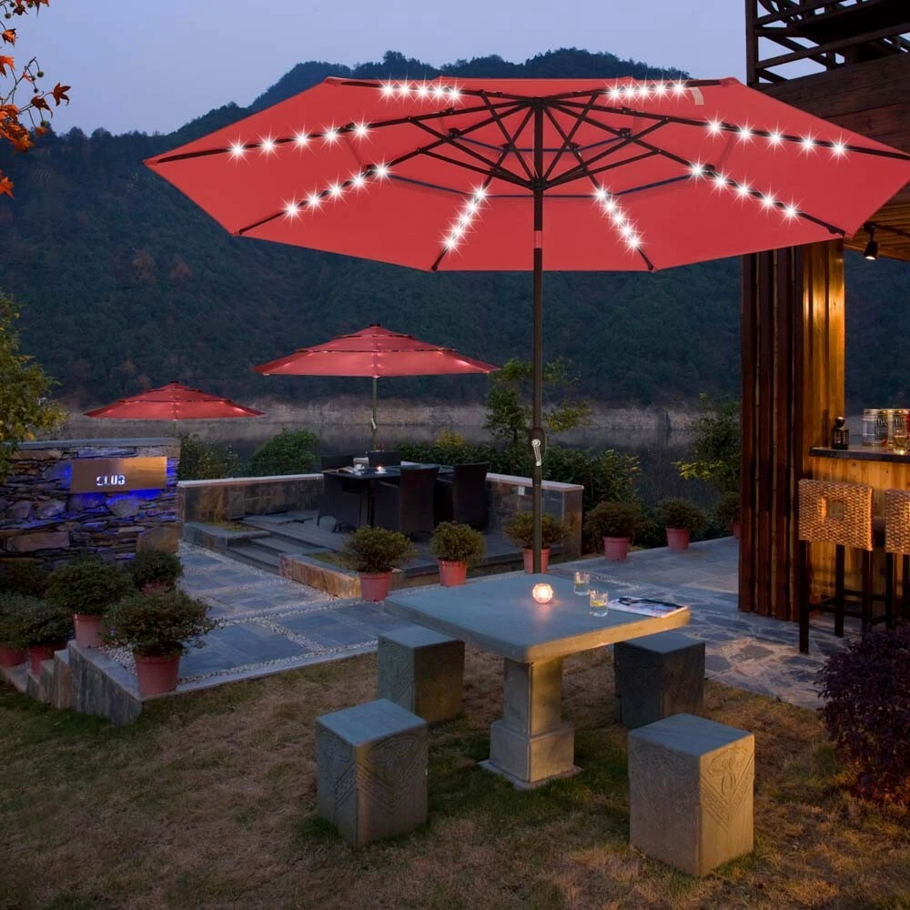3 Tier Patio Umbrella with Solar LED Crank Tilt Button Aluminum 11 Ft | eBay