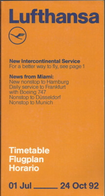 Lufthansa German Airlines Southern US system timetable 7/1/92 [0104] Buy 4+ save