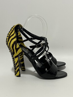 Vtg VERSACE AW2004 RUNWAY YELLOW ZEBRA PRINT PONY HAIR SANDALS 39