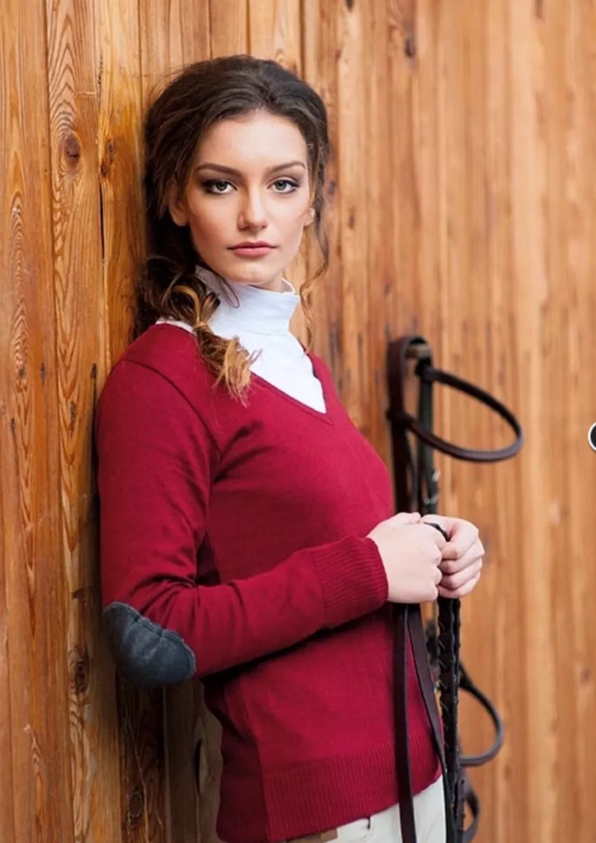 Milan V Neck Sweater Ruby Red w Dark Grey Patch