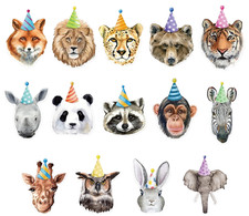     28 Funny PARTY ANIMAL STICKERS birthday hat zoo monkey bunny bear tiger lion
